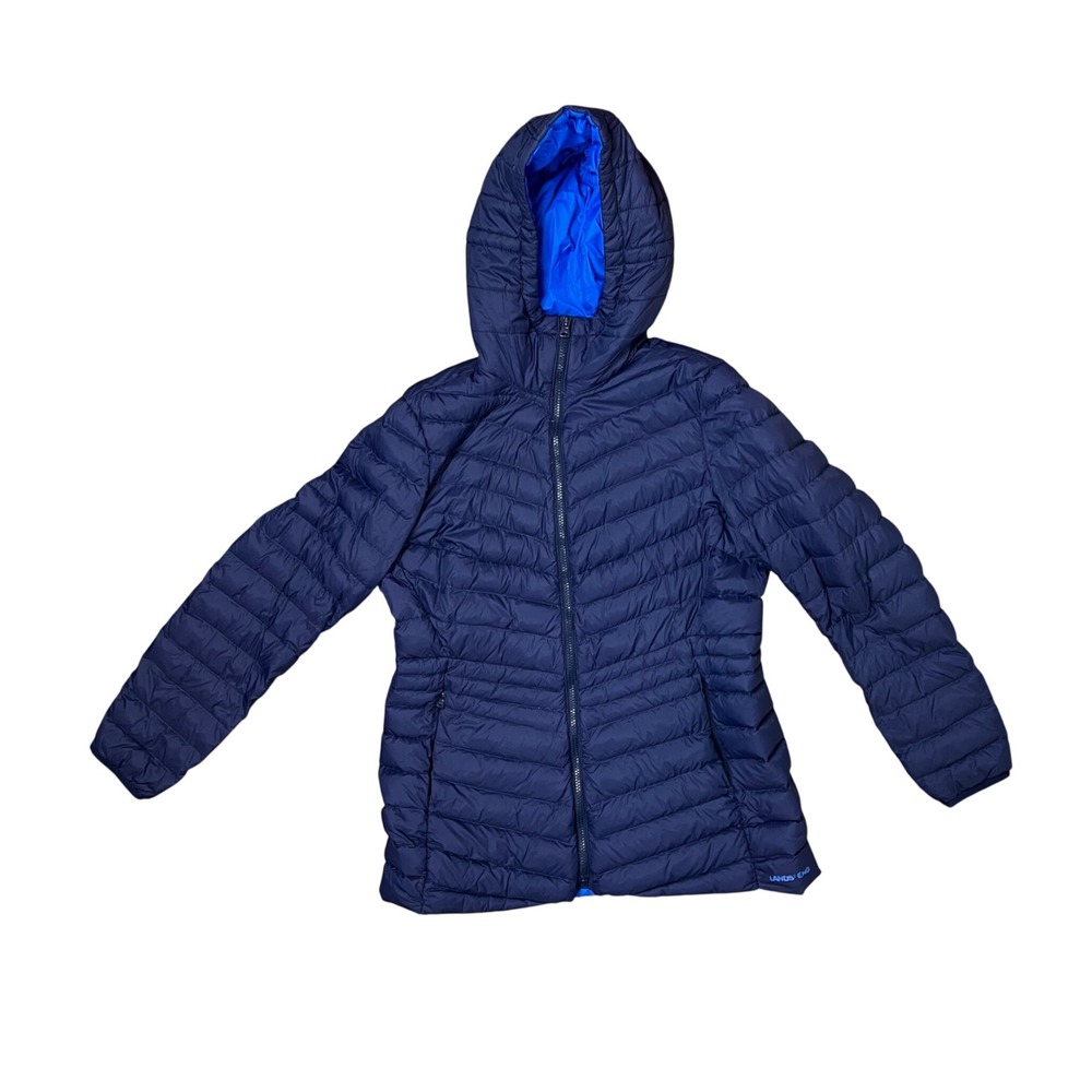 Lands End Navy Blue Ultralight Down Hooded Puffer Jacket Womens Medium 10-12